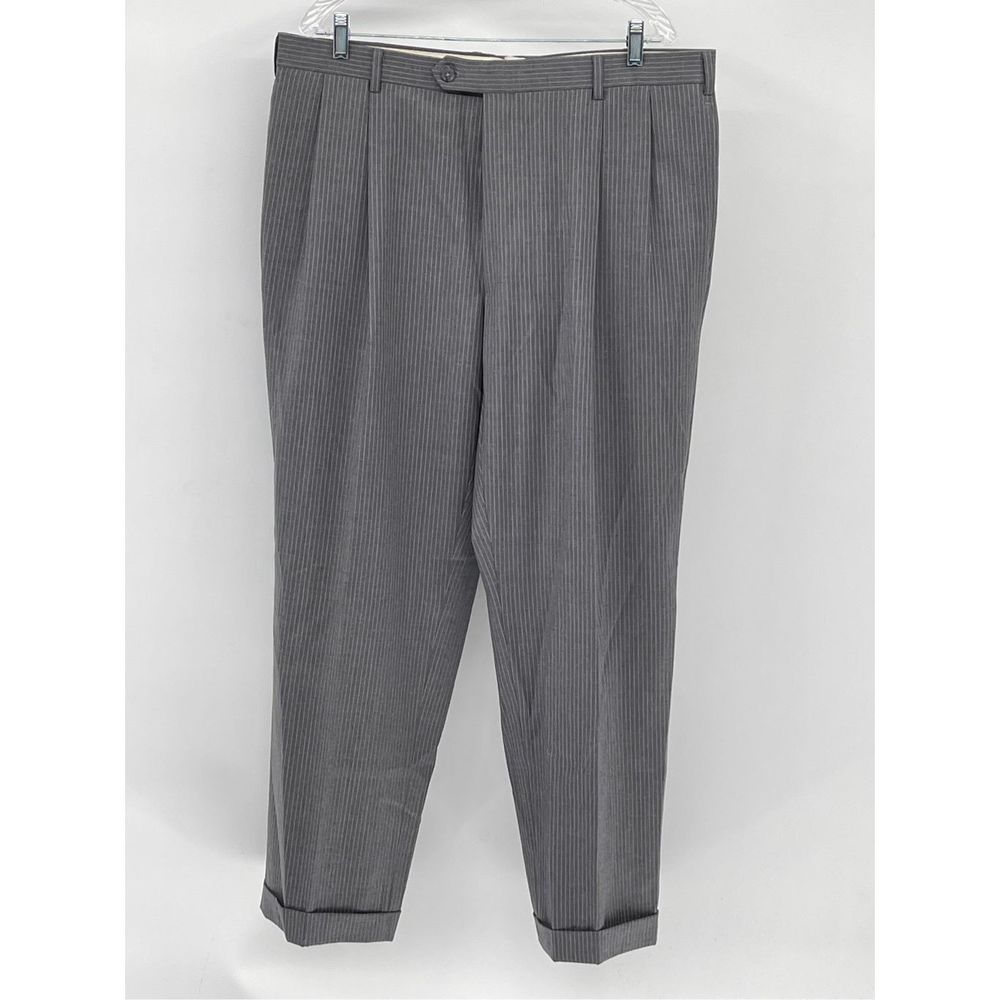 Jos A Bank Dress Pants Wool Men Size 38d29 Gray White Pinstriped Cuffed Pleated